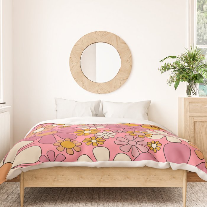 Groovy Retro Garden Flowers 60s 70s Floral Pattern Pink and Ochre  Duvet Cover Gallery Image 3