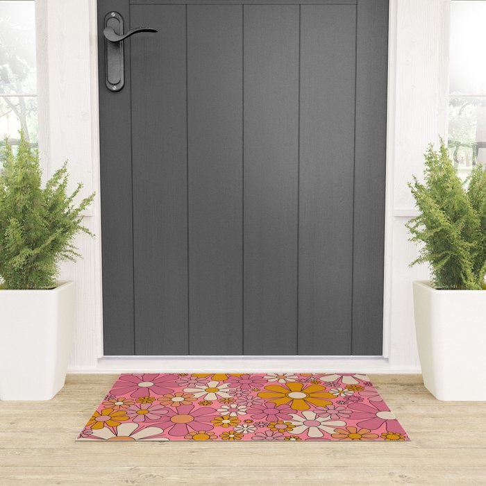 Groovy Retro Garden Flowers 60s 70s Floral Pattern Pink and Ochre  Welcome Mat Gallery Image 3