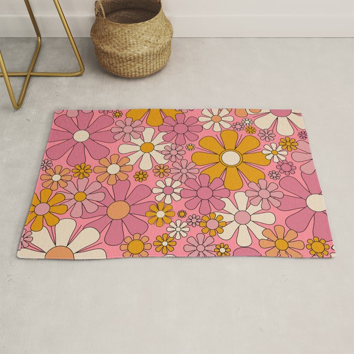 Groovy Retro Garden Flowers 60s 70s Floral Pattern Pink and Ochre  Rug Gallery Image 1