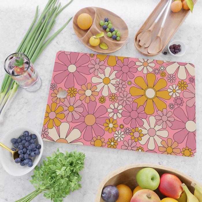Groovy Retro Garden Flowers 60s 70s Floral Pattern Pink and Ochre  Cutting Board Gallery Image 2