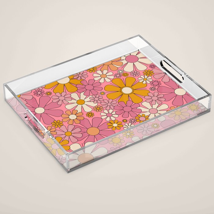 Groovy Retro Garden Flowers 60s 70s Floral Pattern Pink and Ochre  Acrylic Tray Gallery Image 1