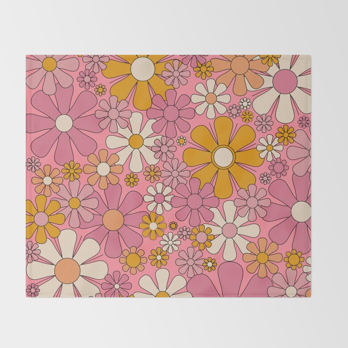 Groovy Retro Garden Flowers 60s 70s Floral Pattern Pink and Ochre  Throw Blanket Gallery Image 2