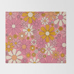 Groovy Retro Garden Flowers 60s 70s Floral Pattern Pink and Ochre  Throw Blanket Gallery Image 2