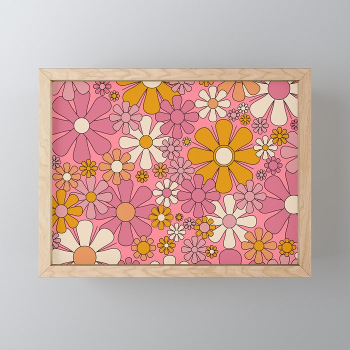 Groovy Retro Garden Flowers 60s 70s Floral Pattern Pink and Ochre  Mini Art Print Gallery Image 1