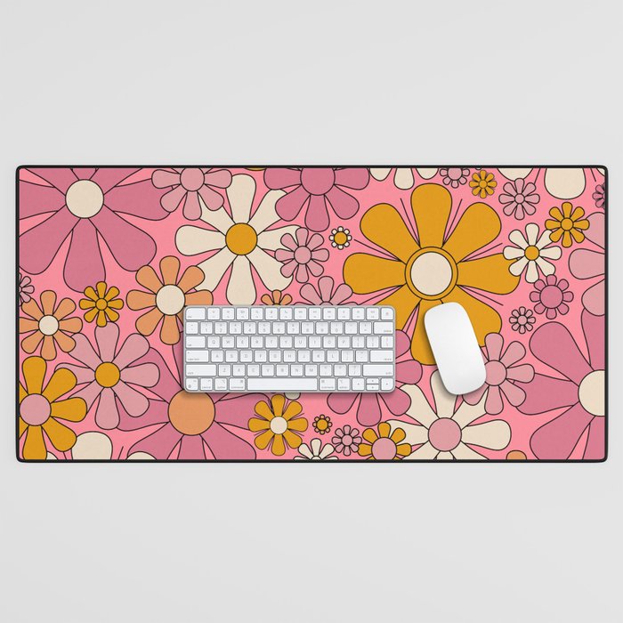 Groovy Retro Garden Flowers 60s 70s Floral Pattern Pink and Ochre  Desk Mat Gallery Image 1