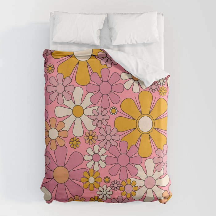 Groovy Retro Garden Flowers 60s 70s Floral Pattern Pink and Ochre  Duvet Cover Gallery Image 6