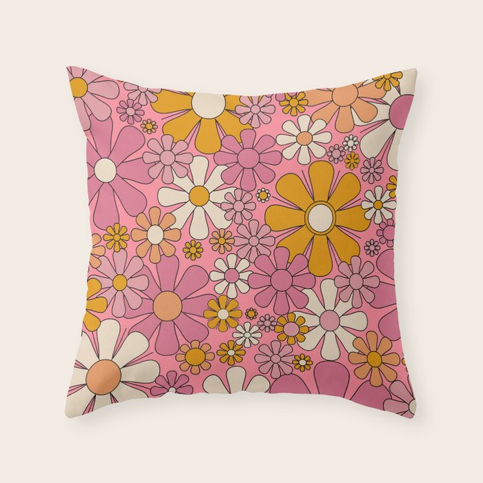 Groovy Retro Garden Flowers 60s 70s Floral Pattern Pink and Ochre  Throw Pillow Gallery Image 6
