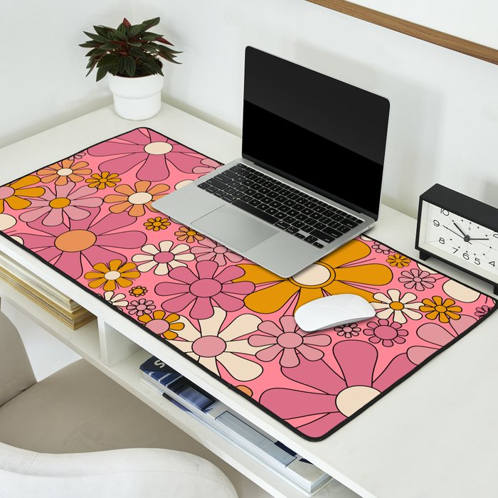 Groovy Retro Garden Flowers 60s 70s Floral Pattern Pink and Ochre  Desk Mat Gallery Image 2