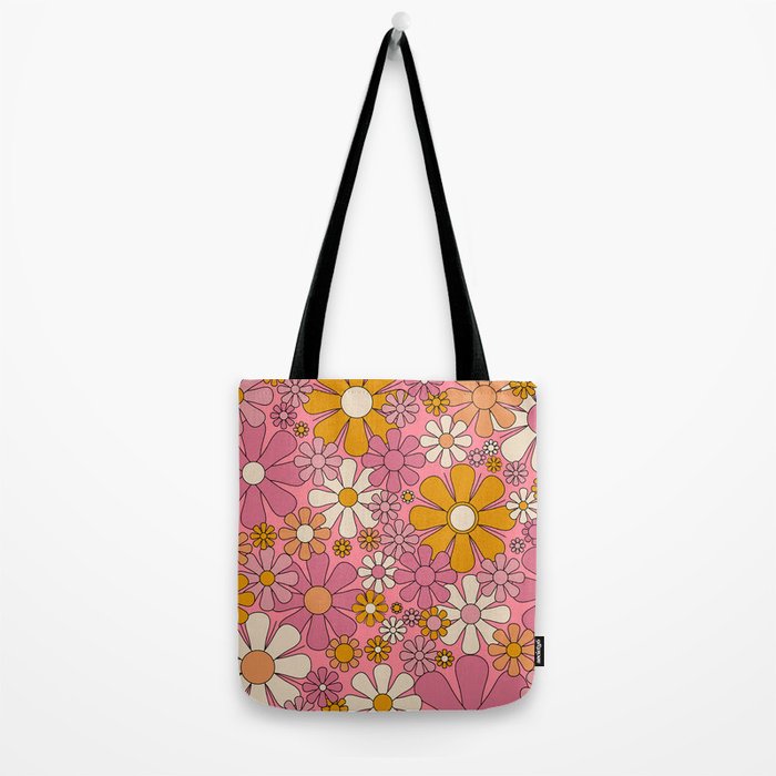 Groovy Retro Garden Flowers 60s 70s Floral Pattern Pink and Ochre  Tote Bag Gallery Image 2