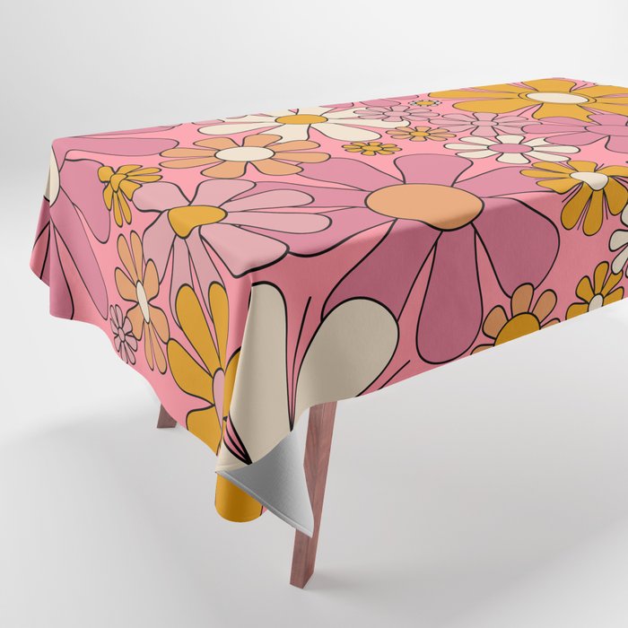 Groovy Retro Garden Flowers 60s 70s Floral Pattern Pink and Ochre  Tablecloth Gallery Image 1