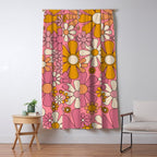 Groovy Retro Garden Flowers 60s 70s Floral Pattern Pink and Ochre  Window Curtain Gallery Image 5