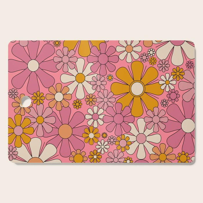 Groovy Retro Garden Flowers 60s 70s Floral Pattern Pink and Ochre  Cutting Board Gallery Image 1