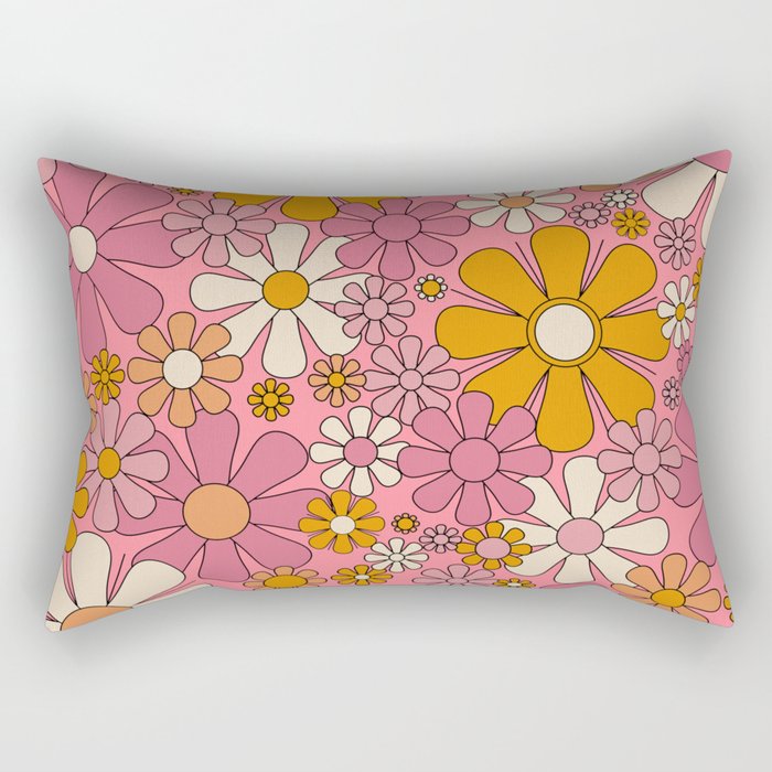 Groovy Retro Garden Flowers 60s 70s Floral Pattern Pink and Ochre  Rectangular Pillow Gallery Image 2