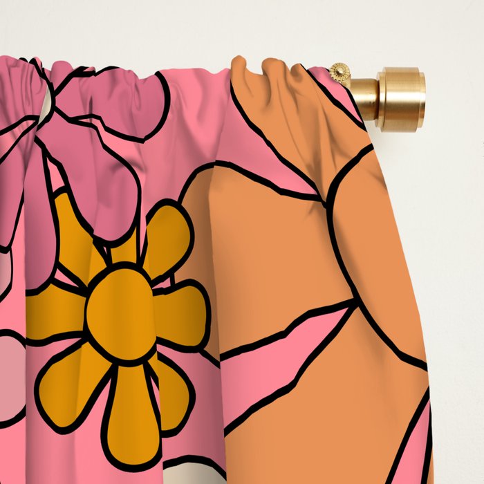 Groovy Retro Garden Flowers 60s 70s Floral Pattern Pink and Ochre  Window Curtain Gallery Image 2