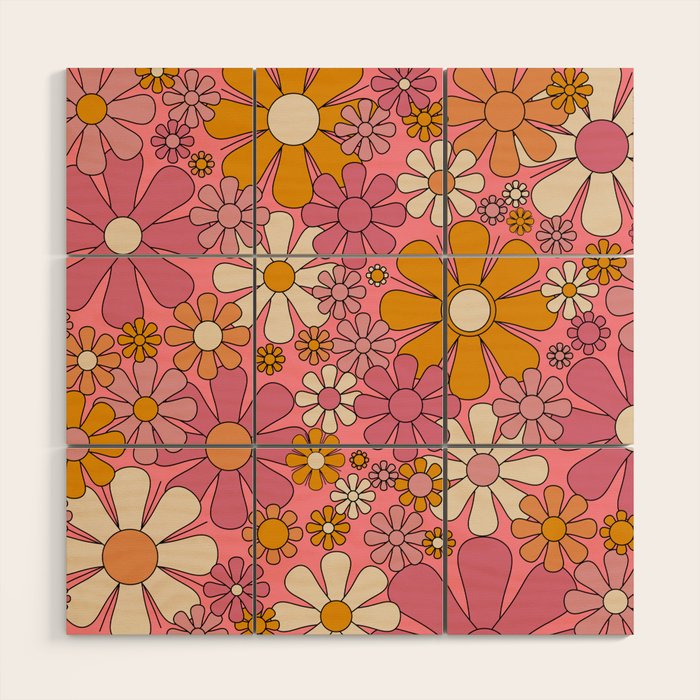 Groovy Retro Garden Flowers 60s 70s Floral Pattern Pink and Ochre  Wood Wall Art Gallery Image 1