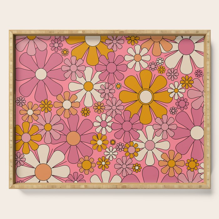 Groovy Retro Garden Flowers 60s 70s Floral Pattern Pink and Ochre  Serving Tray Gallery Image 1