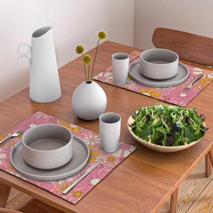 Groovy Retro Garden Flowers 60s 70s Floral Pattern Pink and Ochre  Placemat Gallery Image 2