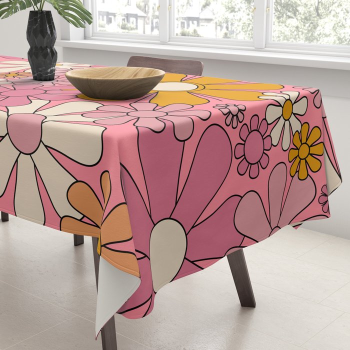 Groovy Retro Garden Flowers 60s 70s Floral Pattern Pink and Ochre  Tablecloth Gallery Image 3