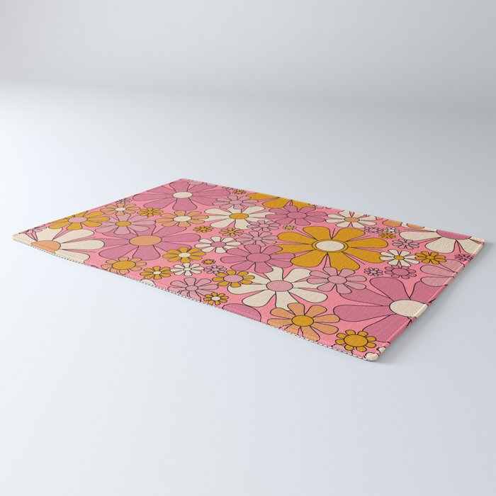 Groovy Retro Garden Flowers 60s 70s Floral Pattern Pink and Ochre  Rug Gallery Image 3