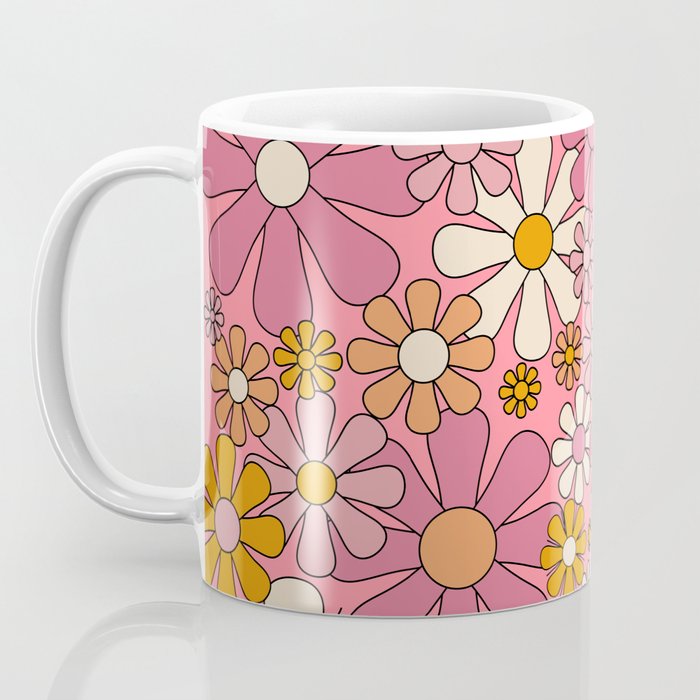 Groovy Retro Garden Flowers 60s 70s Floral Pattern Pink and Ochre  Coffee Mug Gallery Image 3