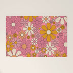Groovy Retro Garden Flowers 60s 70s Floral Pattern Pink and Ochre  Welcome Mat Gallery Image 1