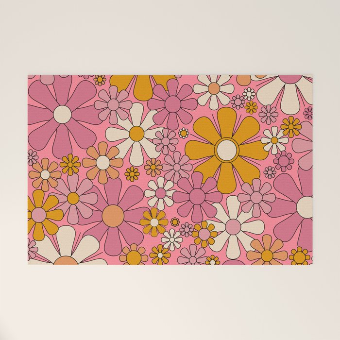 Groovy Retro Garden Flowers 60s 70s Floral Pattern Pink and Ochre  Welcome Mat Gallery Image 1