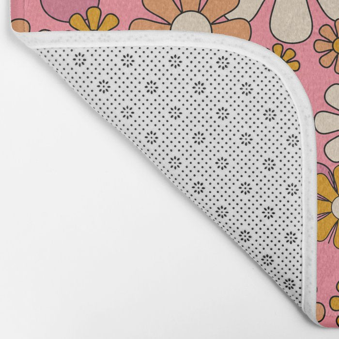 Groovy Retro Garden Flowers 60s 70s Floral Pattern Pink and Ochre  Bath Mat Gallery Image 2