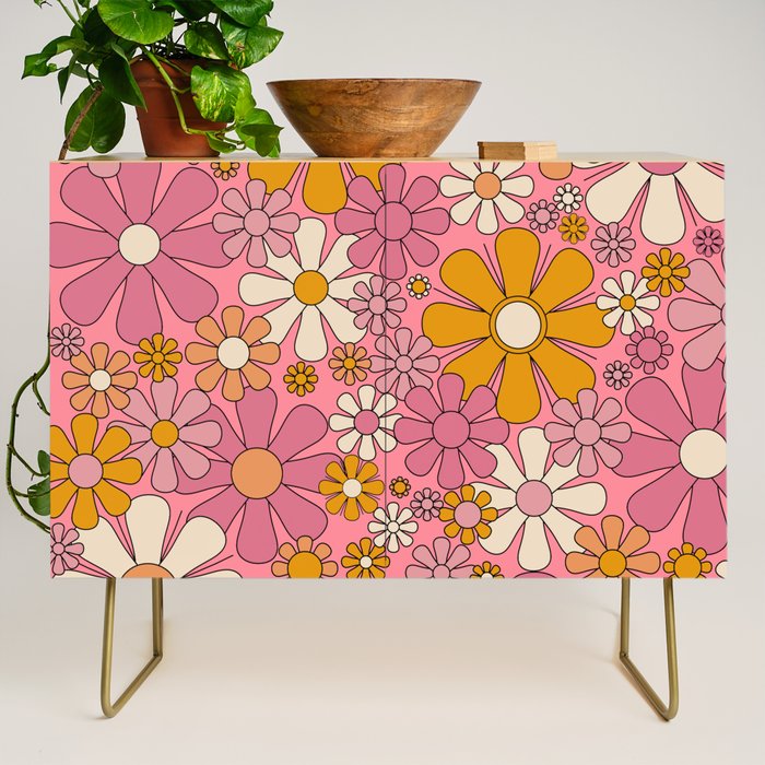 Groovy Retro Garden Flowers 60s 70s Floral Pattern Pink and Ochre  Credenza Gallery Image 1