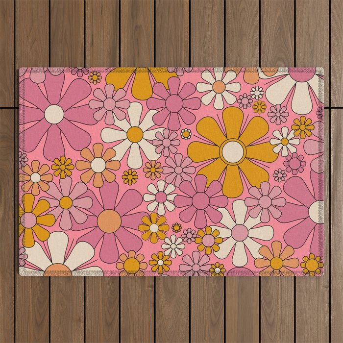 Groovy Retro Garden Flowers 60s 70s Floral Pattern Pink and Ochre  Outdoor Rug Gallery Image 1