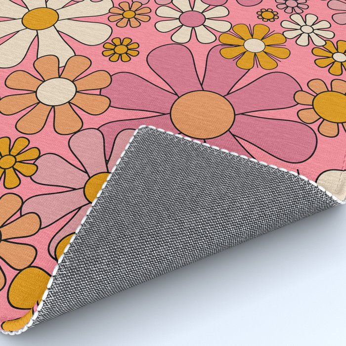 Groovy Retro Garden Flowers 60s 70s Floral Pattern Pink and Ochre  Rug Gallery Image 4