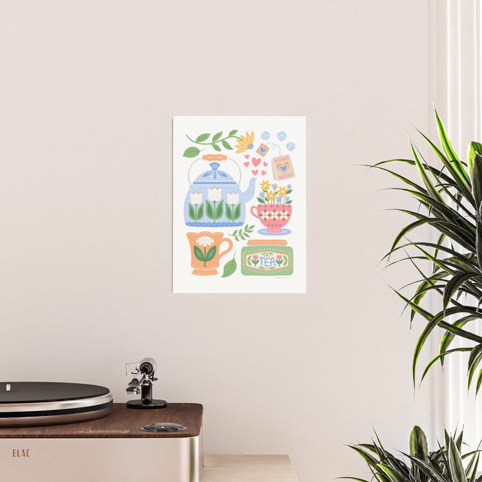 Cup of Tea Floral - Multi-color on White Poster Gallery Image 2