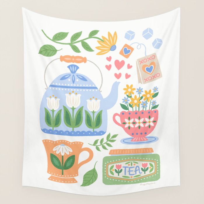 Cup of Tea Floral - Multi-color on White Wall Tapestry Gallery Image 1