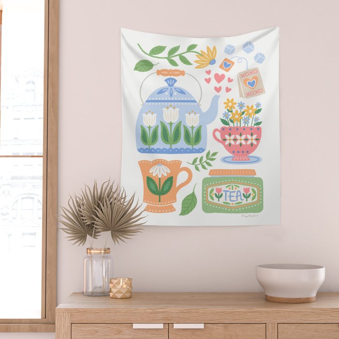 Cup of Tea Floral - Multi-color on White Wall Tapestry Gallery Image 2