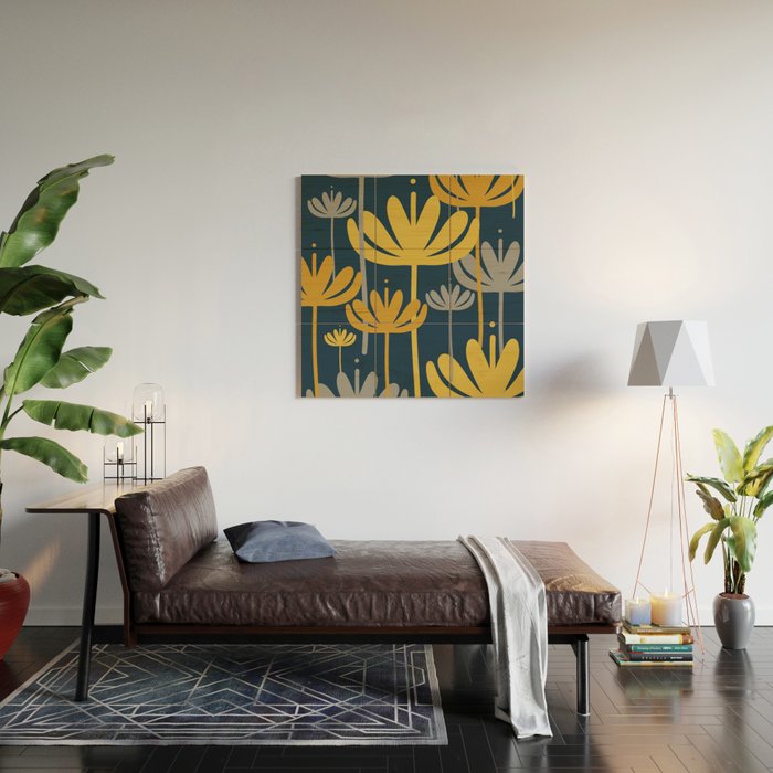 Bali Flowers Floral Pattern in Mustard, Gray, and Navy Blue Wood Wall Art Gallery Image 2