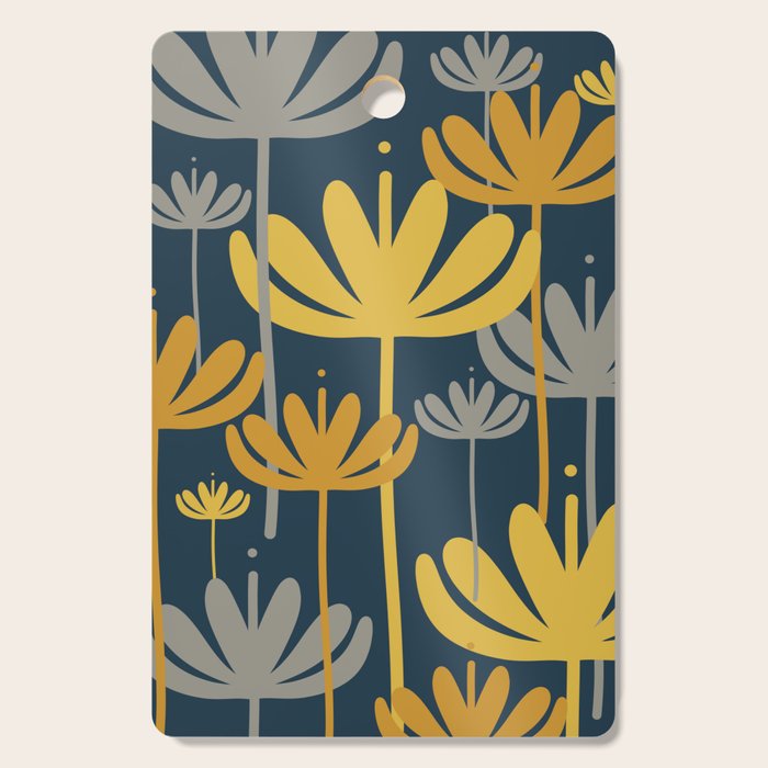 Bali Flowers Floral Pattern in Mustard, Gray, and Navy Blue Cutting Board Gallery Image 1