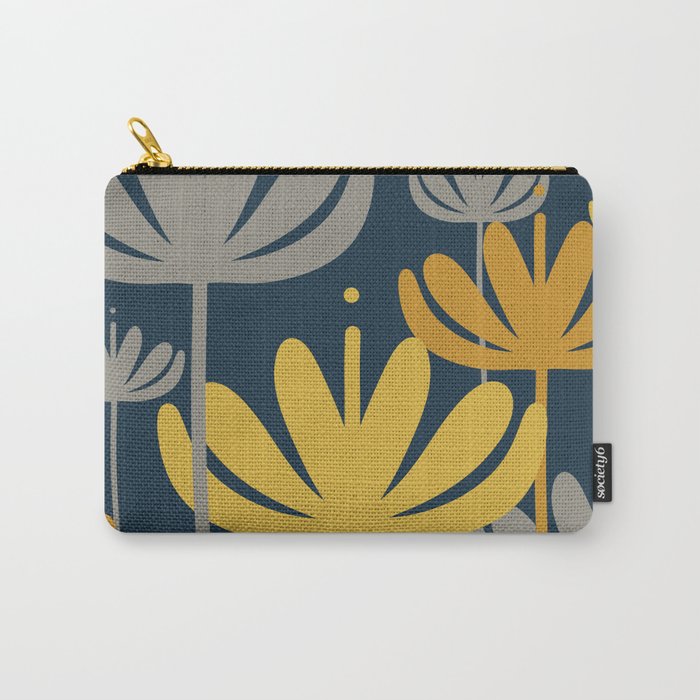 Bali Flowers Floral Pattern in Mustard, Gray, and Navy Blue Carry All Pouch Gallery Image 1