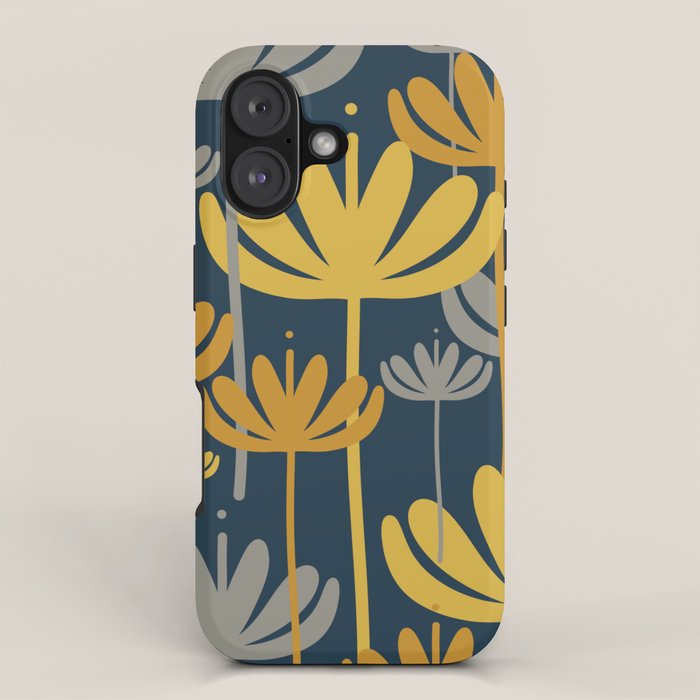 Bali Flowers Floral Pattern in Mustard, Gray, and Navy Blue iPhone Case Gallery Image 1