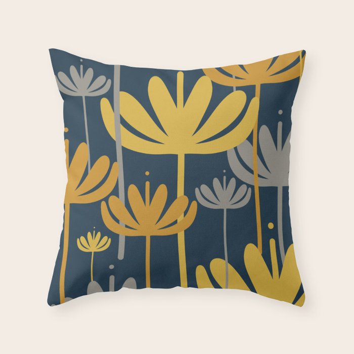 Bali Flowers Floral Pattern in Mustard, Gray, and Navy Blue Throw Pillow Gallery Image 1
