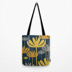 Bali Flowers Floral Pattern in Mustard, Gray, and Navy Blue Tote Bag Gallery Image 2