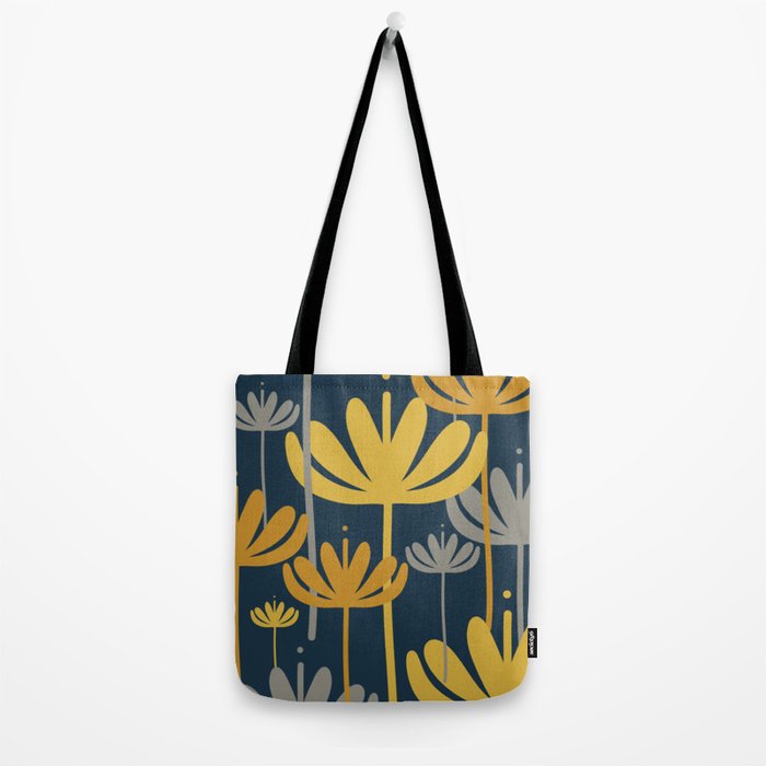 Bali Flowers Floral Pattern in Mustard, Gray, and Navy Blue Tote Bag Gallery Image 2