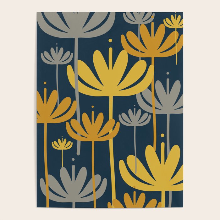 Bali Flowers Floral Pattern in Mustard, Gray, and Navy Blue Poster Gallery Image 4
