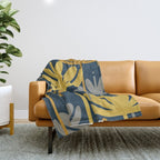 Bali Flowers Floral Pattern in Mustard, Gray, and Navy Blue Throw Blanket Gallery Image 1