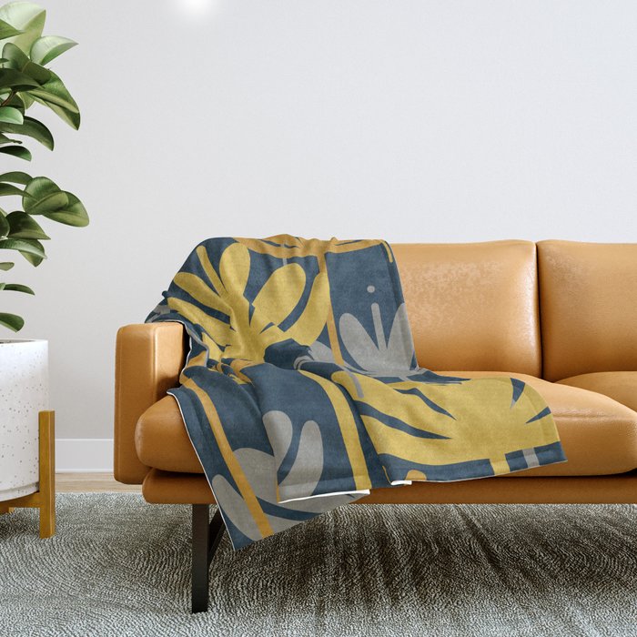Bali Flowers Floral Pattern in Mustard, Gray, and Navy Blue Throw Blanket Gallery Image 1