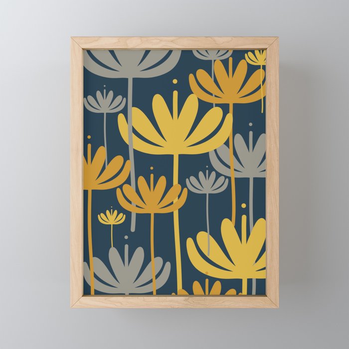 Bali Flowers Floral Pattern in Mustard, Gray, and Navy Blue Mini Art Print Gallery Image 1