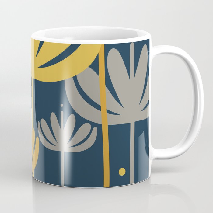Bali Flowers Floral Pattern in Mustard, Gray, and Navy Blue Coffee Mug Gallery Image 1