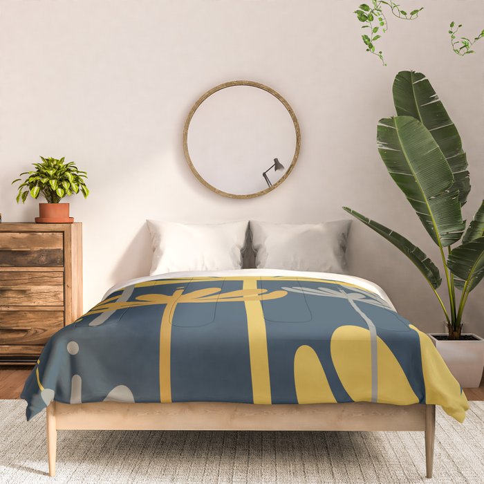 Bali Flowers Floral Pattern in Mustard, Gray, and Navy Blue Comforter Gallery Image 3