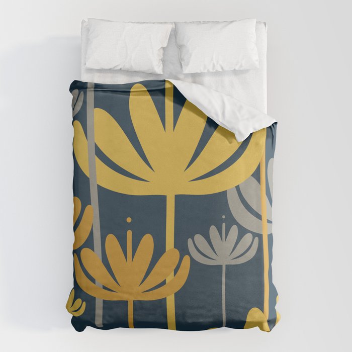Bali Flowers Floral Pattern in Mustard, Gray, and Navy Blue Duvet Cover Gallery Image 1
