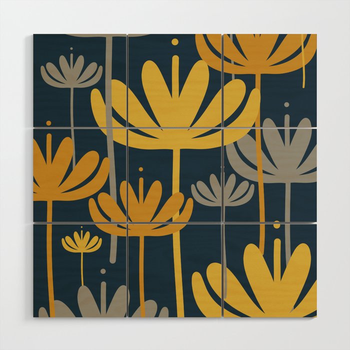 Bali Flowers Floral Pattern in Mustard, Gray, and Navy Blue Wood Wall Art Gallery Image 1