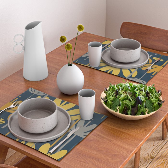 Bali Flowers Floral Pattern in Mustard, Gray, and Navy Blue Placemat Gallery Image 2
