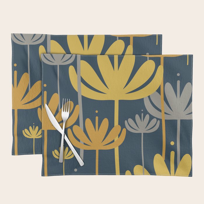 Bali Flowers Floral Pattern in Mustard, Gray, and Navy Blue Placemat Gallery Image 1